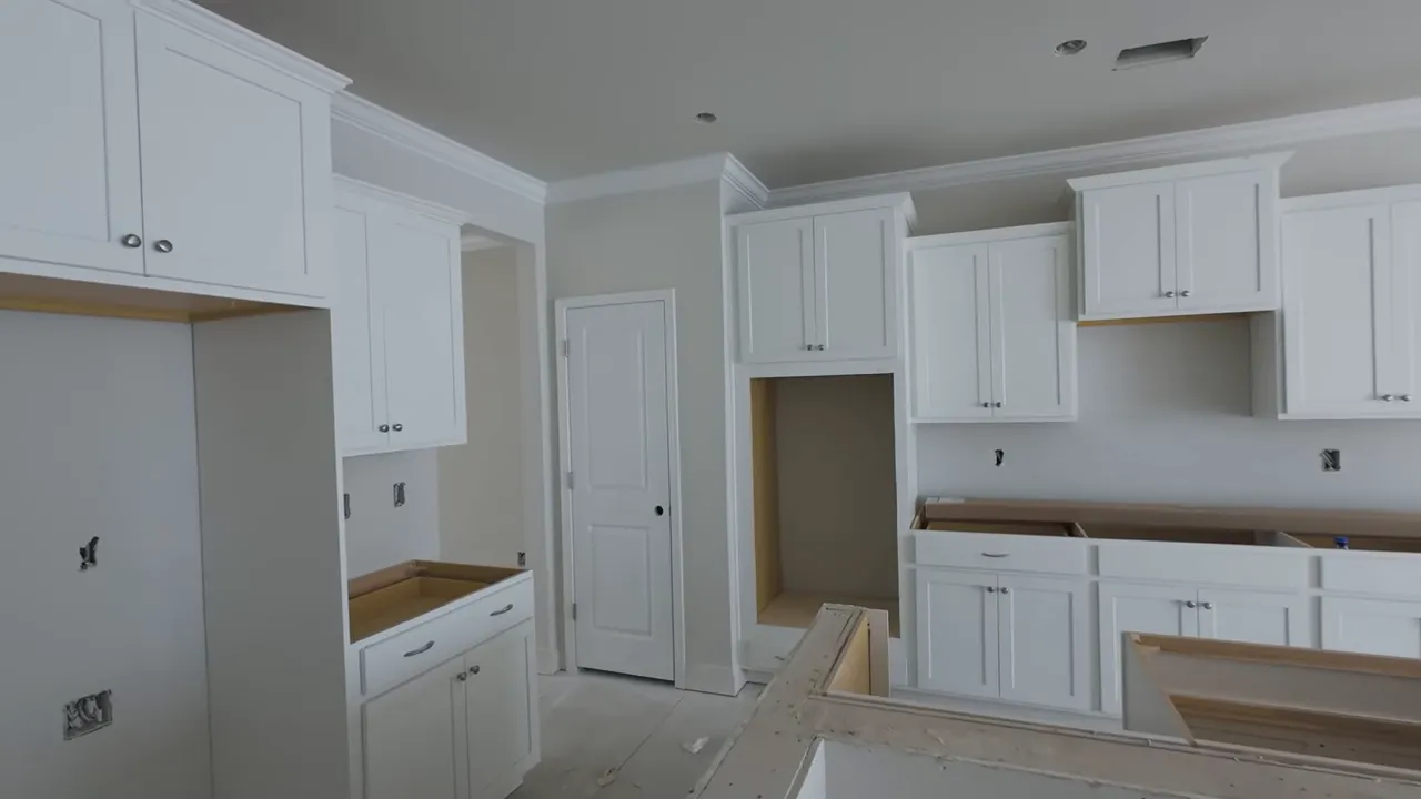 New construction kitchen storage openings and white cabinetry, North Myrtle Beach