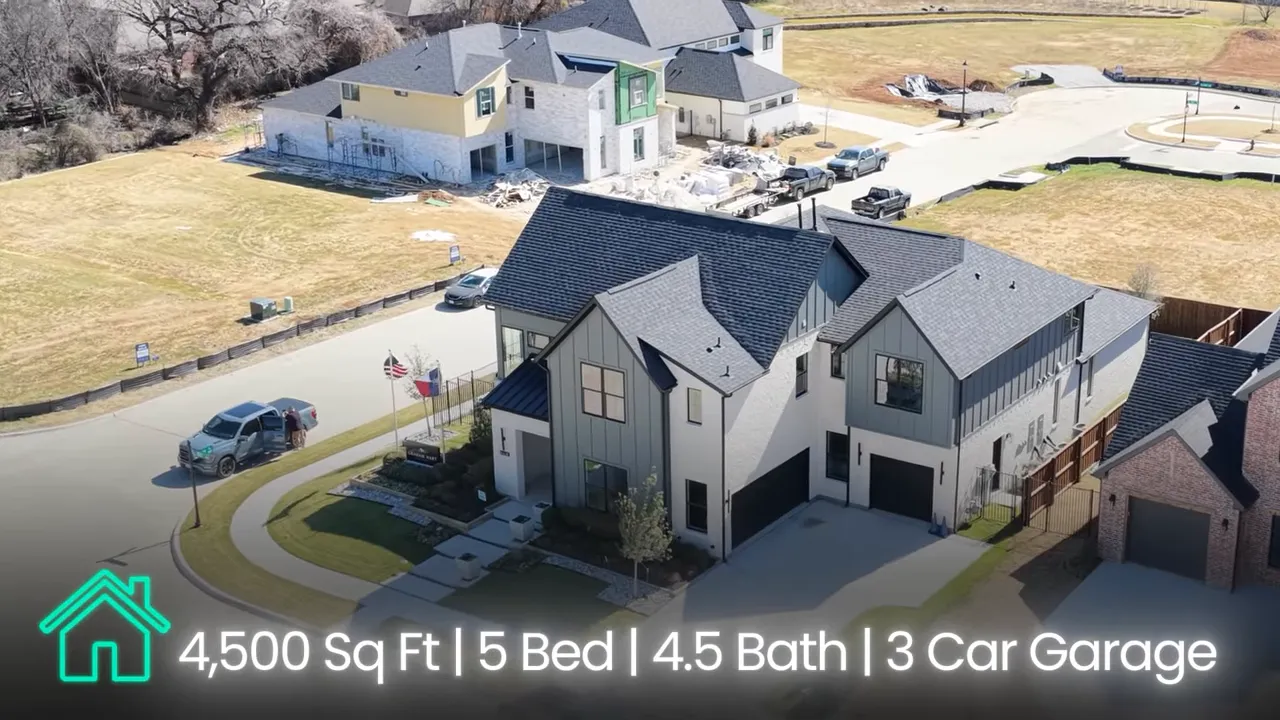 Clear aerial view of the Sandhill model home with text overlay '4,500 Sq Ft | 5 Bed | 4.5 Bath | 3 Car Garage'