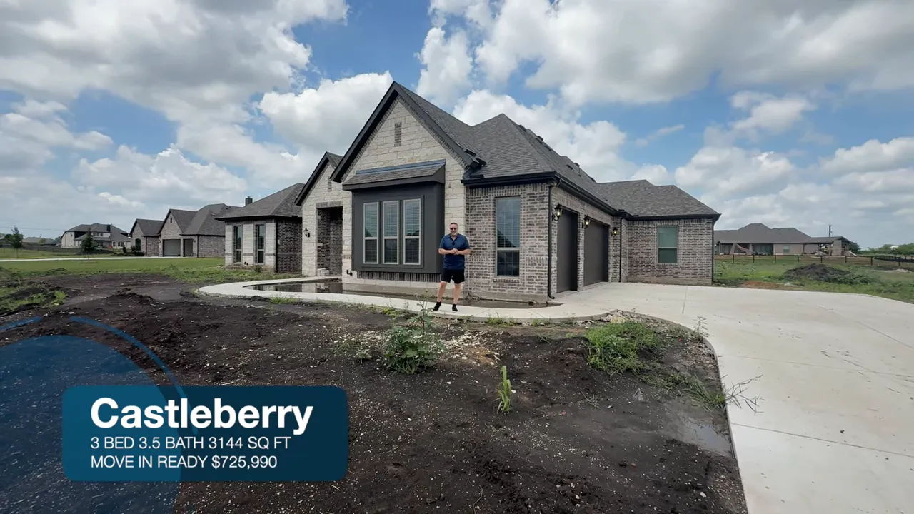Castleberry move-in ready home exterior in Van Alstyne, Texas with on-screen listing details overlay