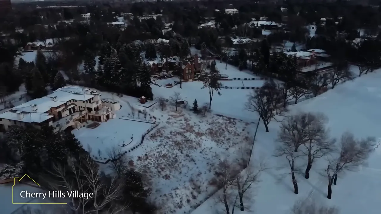 Aerial winter view showing estate grounds in Cherry Hills Village
