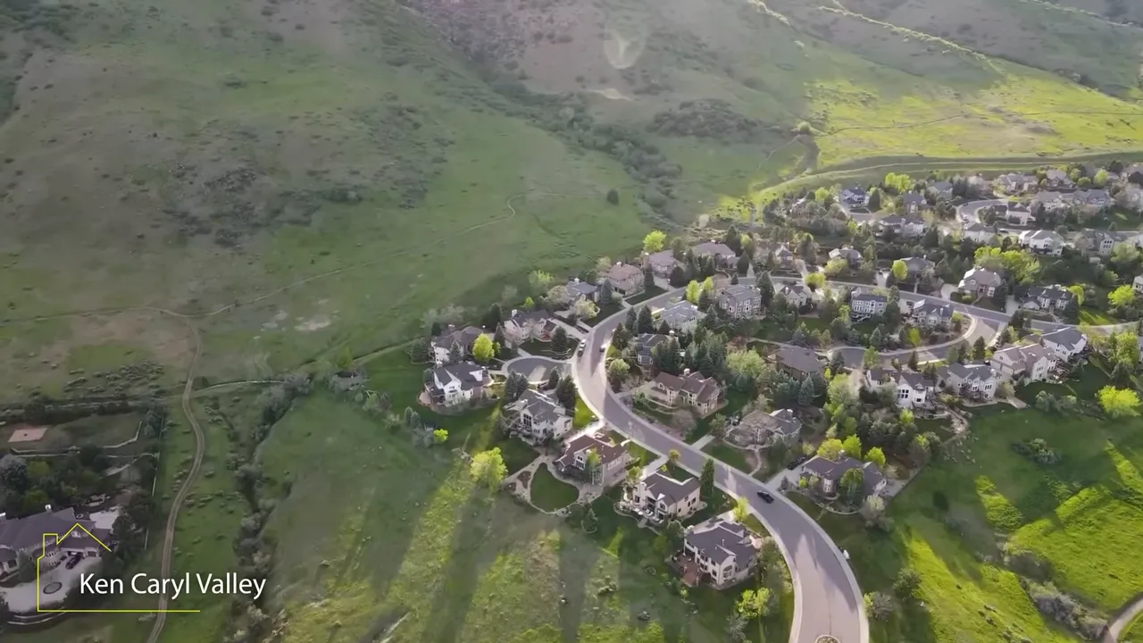Aerial view of Ken Caryl Valley homes and winding roads in Denver, Colorado