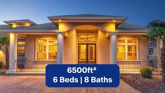 Luxury home exterior with graphic listing 6500 square feet six beds and eight baths