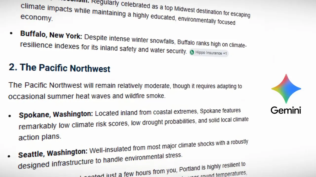 Gemini results listing the Pacific Northwest as a recommended region