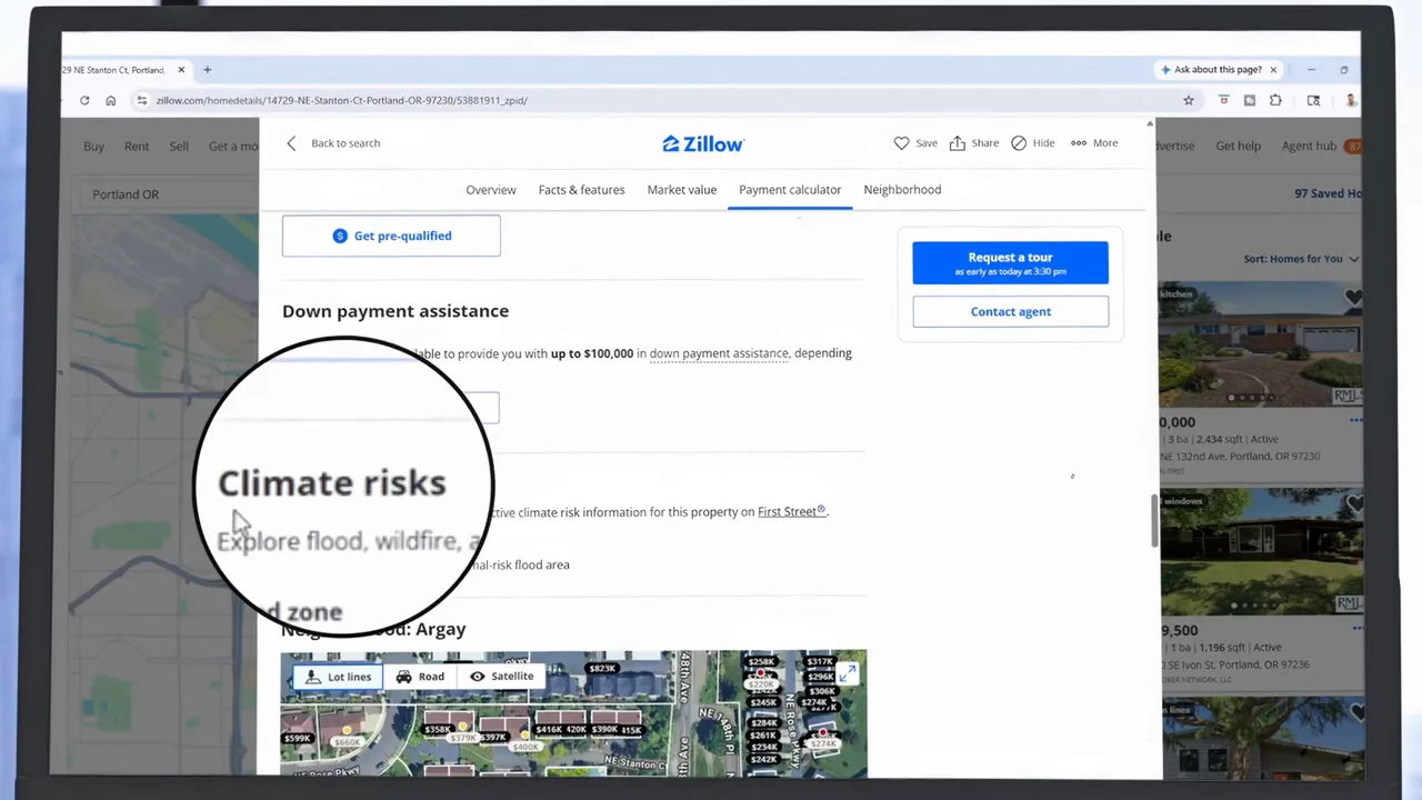 Zillow property page with climate risks section highlighted by a magnifying circle