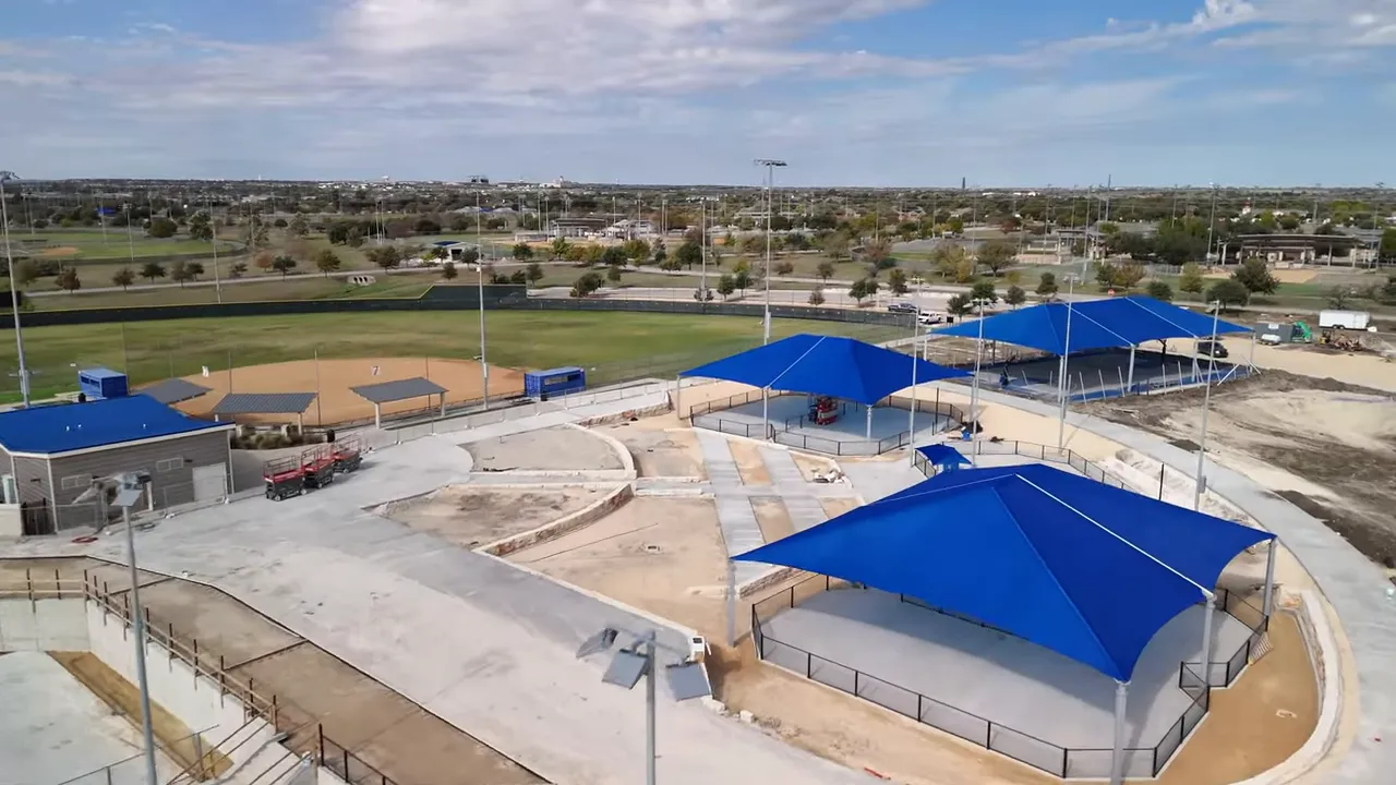 Drone view of outdoor sports fields and event facilities in Round Rock, Texas