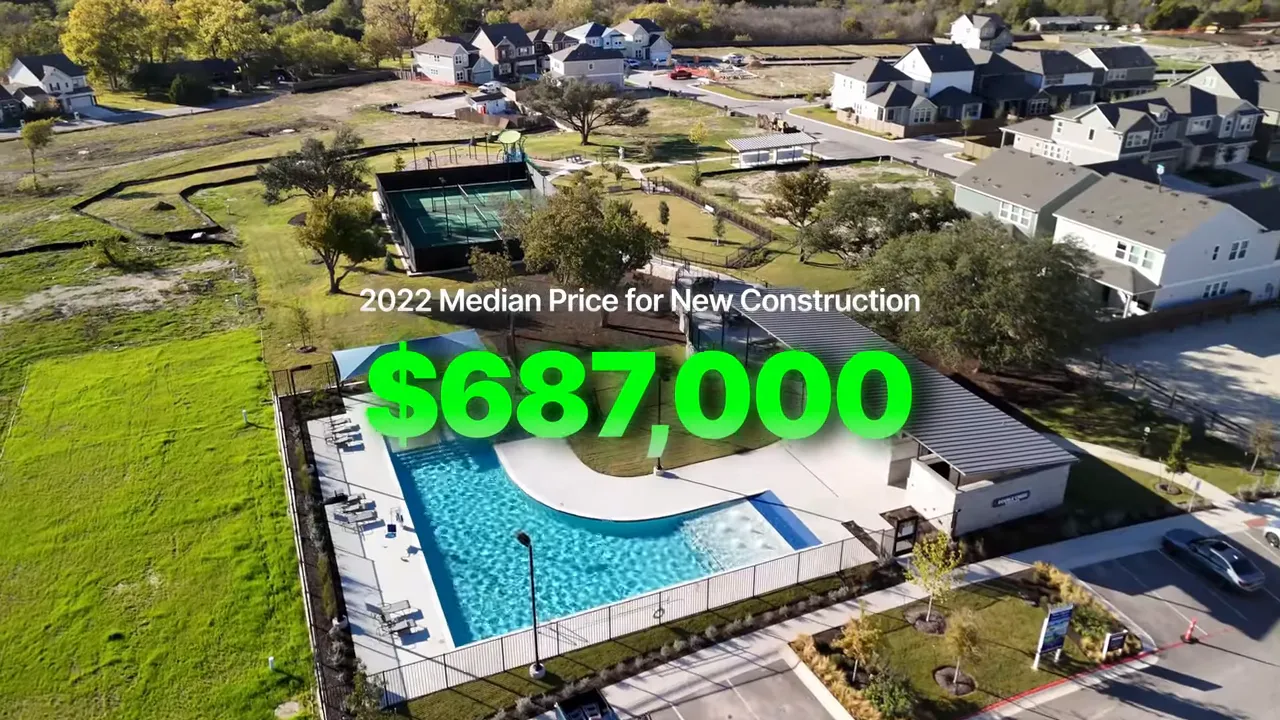 Aerial home image overlaid with text showing 2022 median price for new construction in Round Rock