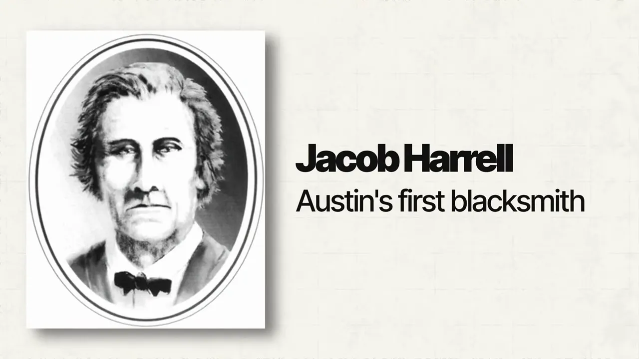 Graphic showing Jacob Harrell, Austin's first blacksmith, in the Round Rock history segment
