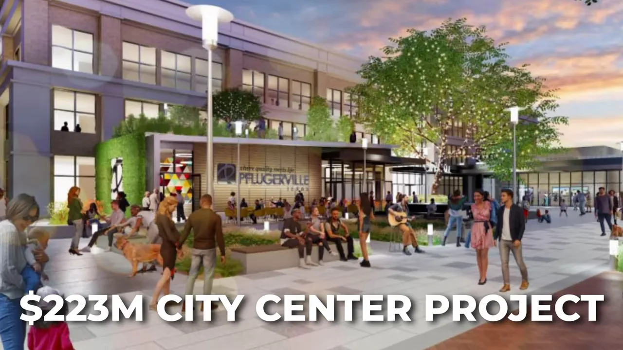 Render/concept of a new city hall and plaza in Pflugerville