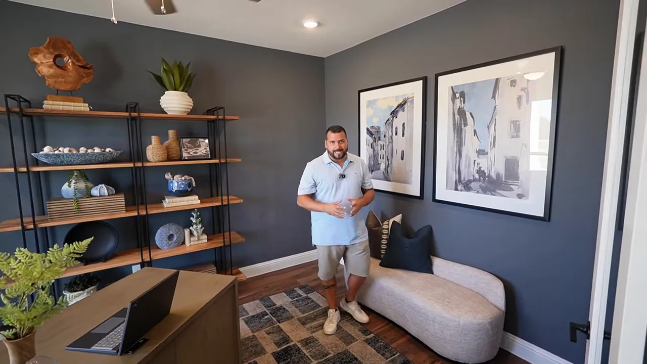 Large home office with double doors and glass inserts