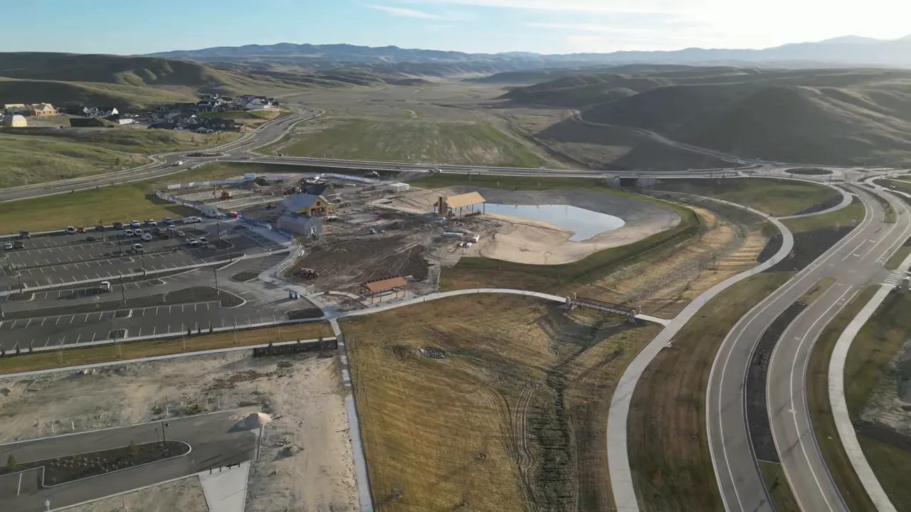 Aerial view of the Valnova Subdivision under development with recreation lake and surrounding trails