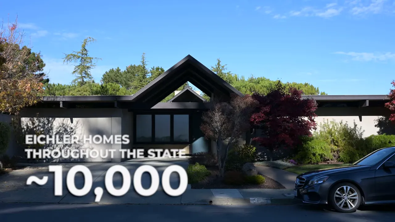Front view of a midcentury Eichler-style house with triangular roofline and large windows, text overlay about Eichler homes