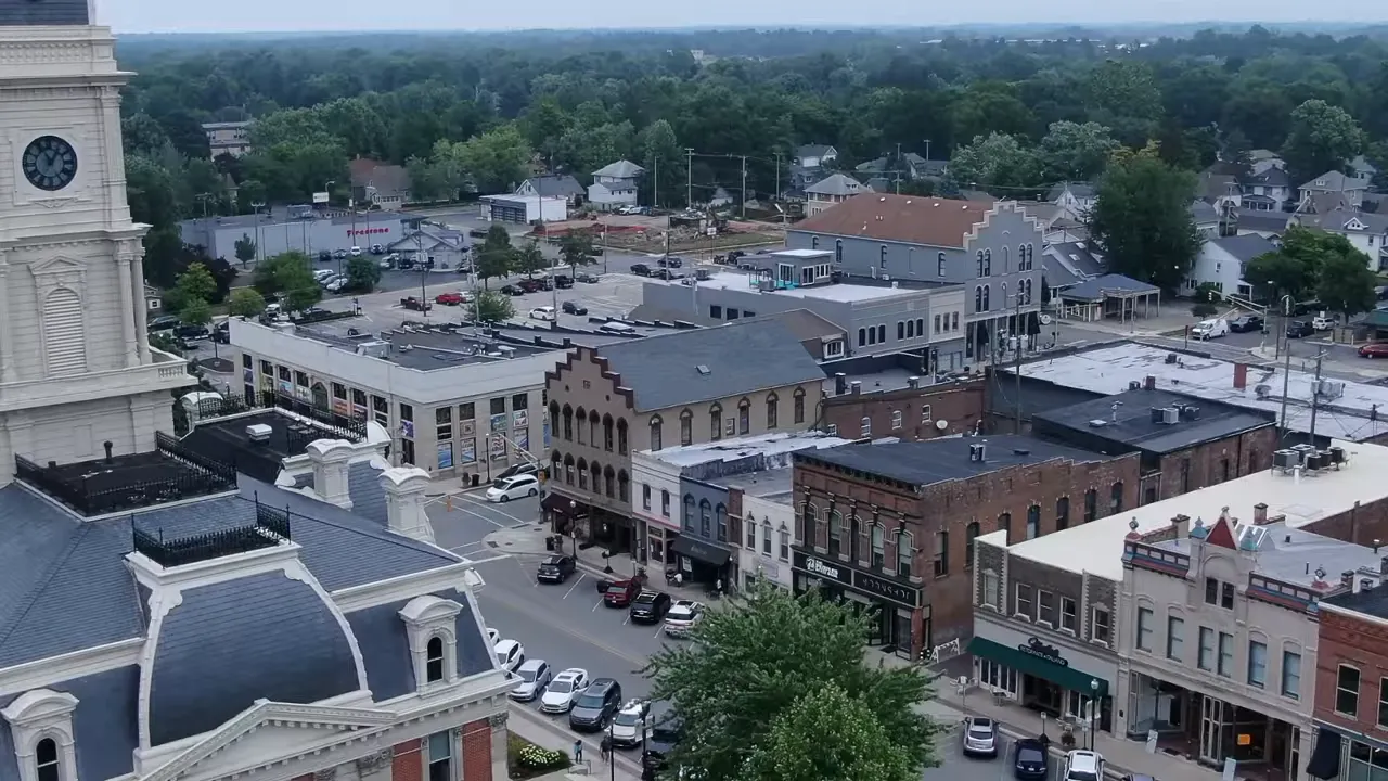 Aerial view of downtown Noblesville with courthouse and historic buildings