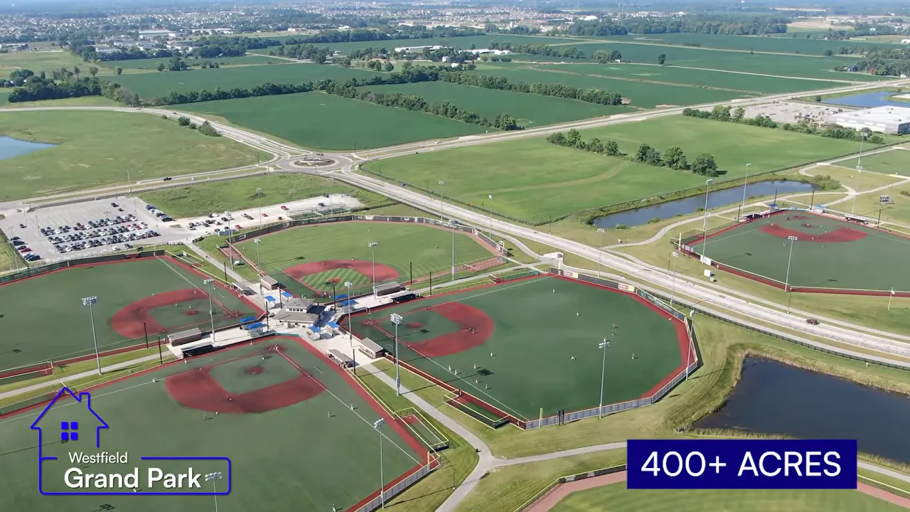 Aerial view of Grand Park sports fields with 400 plus acres text