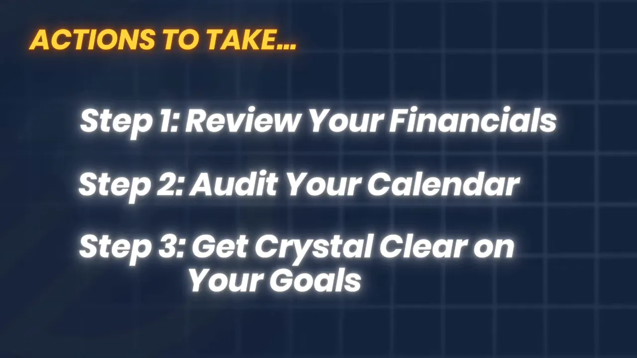Slide listing 'Step 1: Review Your Financials; Step 2: Audit Your Calendar; Step 3: Get Crystal Clear on Your Goals' on a dark grid background