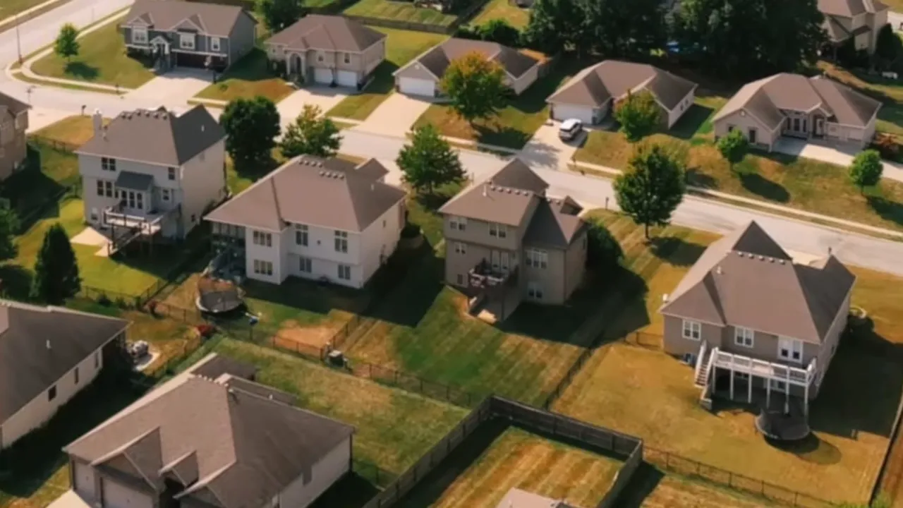 Aerial photograph of a Cayhill neighborhood showing multiple homes with similar backyards, fenced yards and consistent lot layouts.