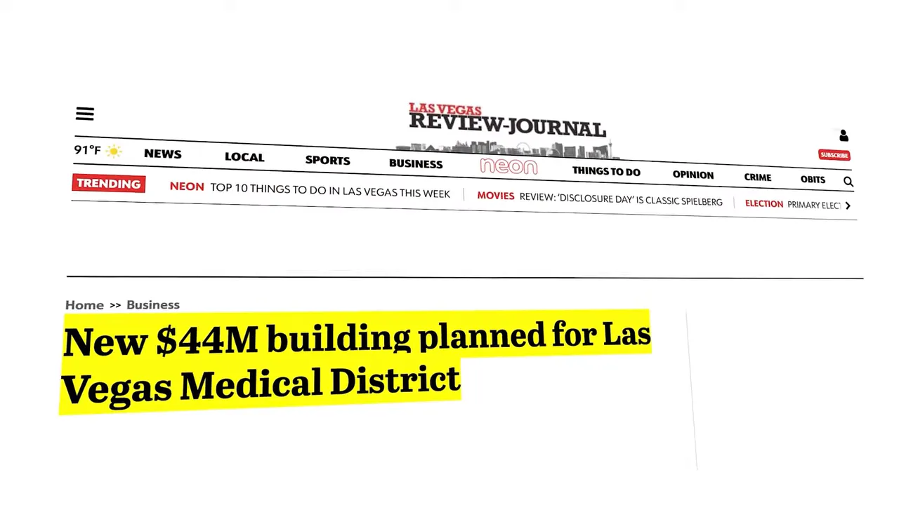 Headline announcing new 44 million building planned for Las Vegas Medical District