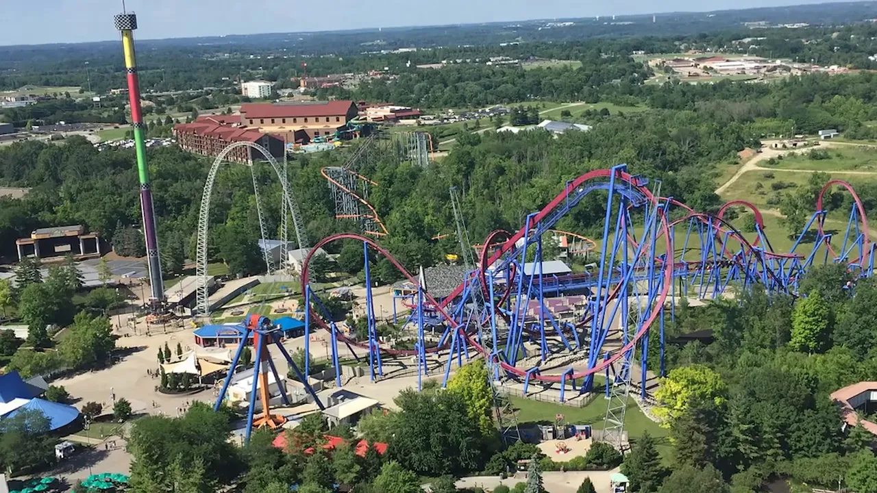 Aerial view of an amusement park with roller coasters