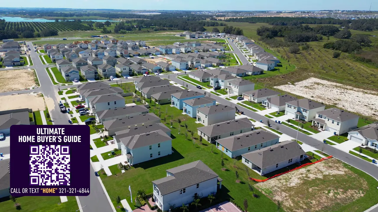 Aerial drone shot of clusters of new single-family homes, yards and empty lots in a planned Haines City community.