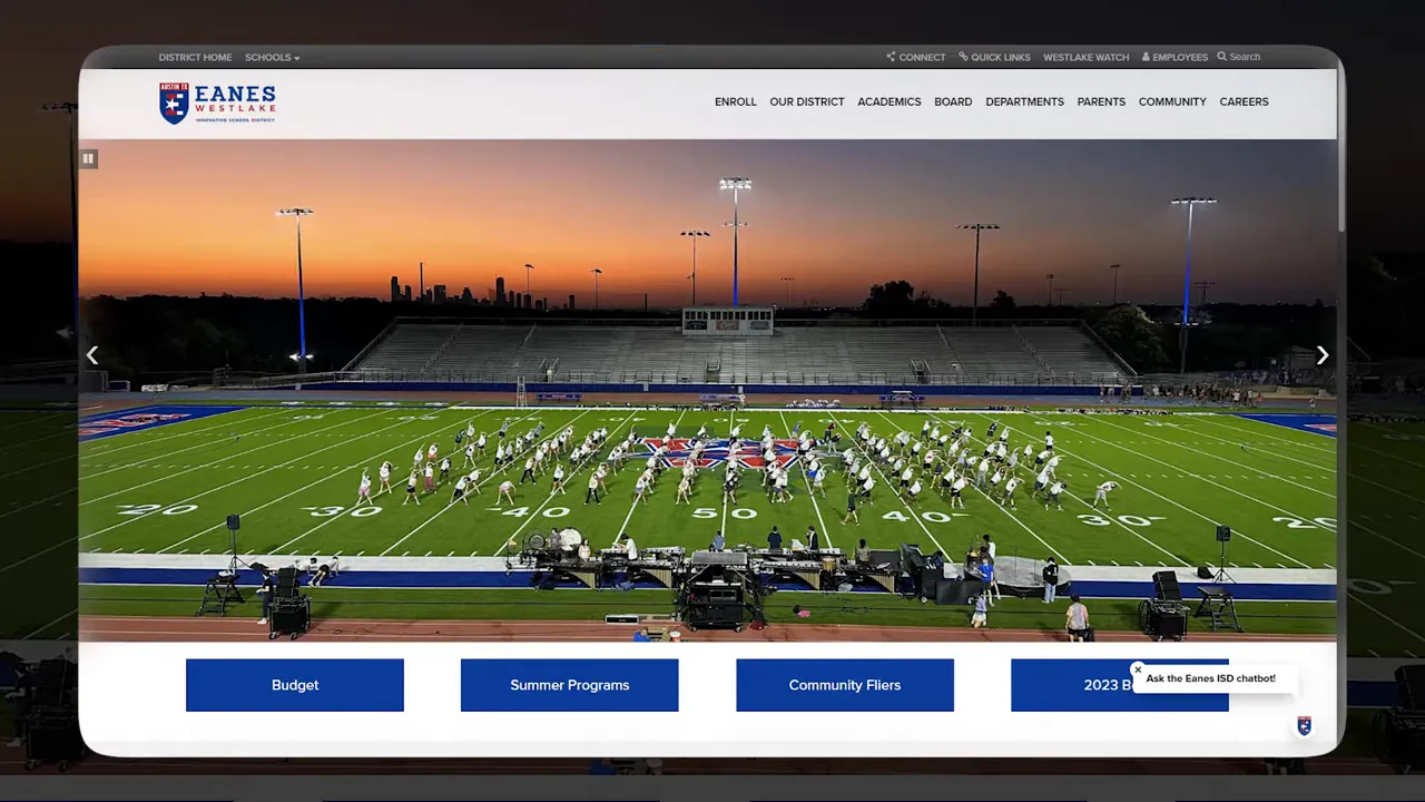 Eanes ISD stadium and website interface screenshot representing Austin-area school district options