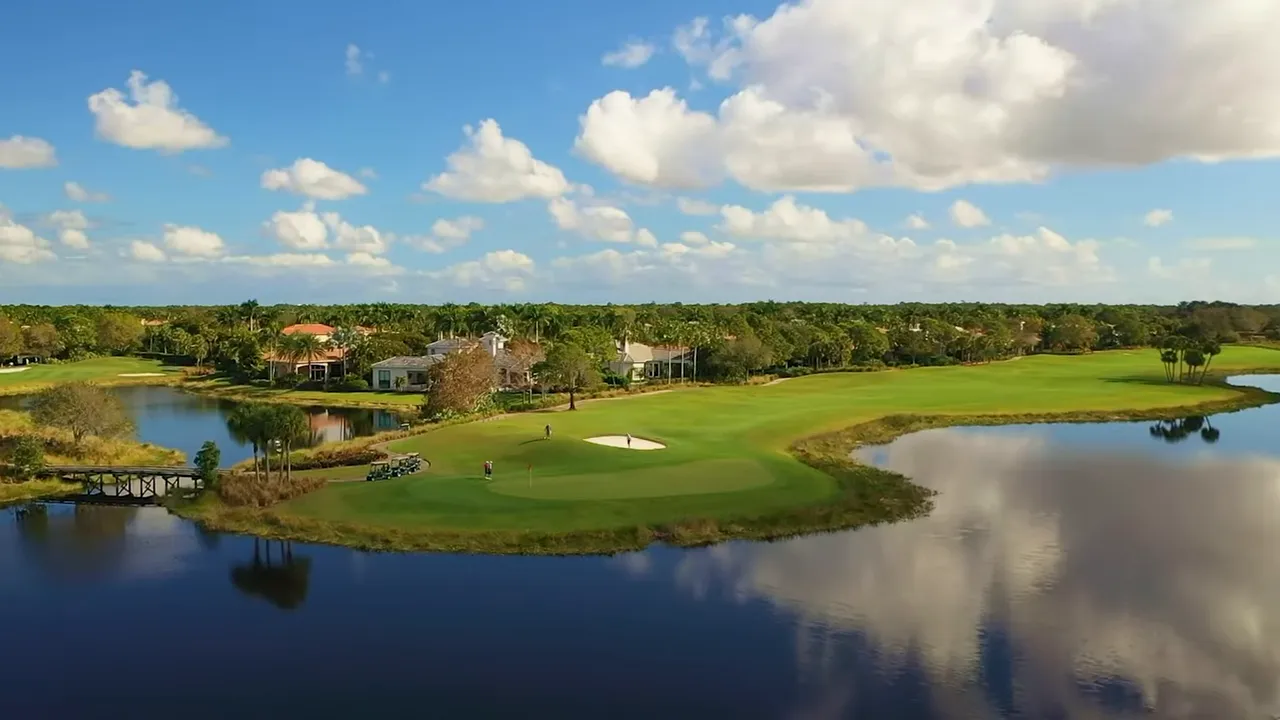 Aerial view of golf course greens bunkers and water features