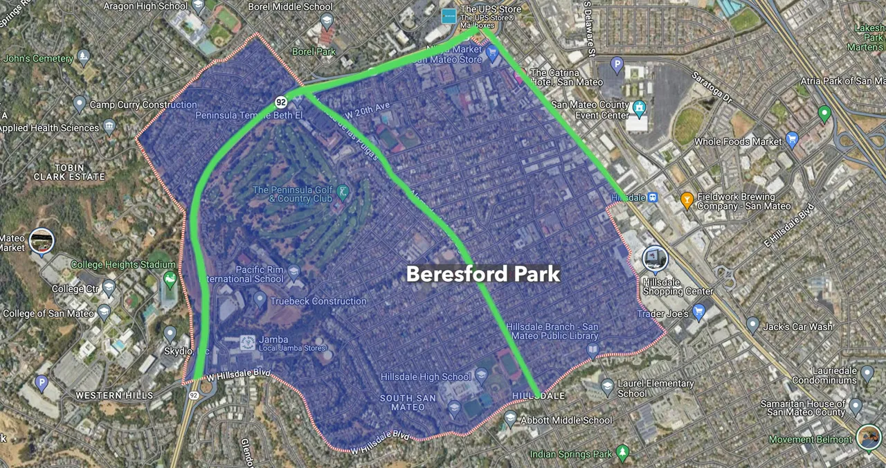 map highlighting Beresford Park neighborhood boundaries