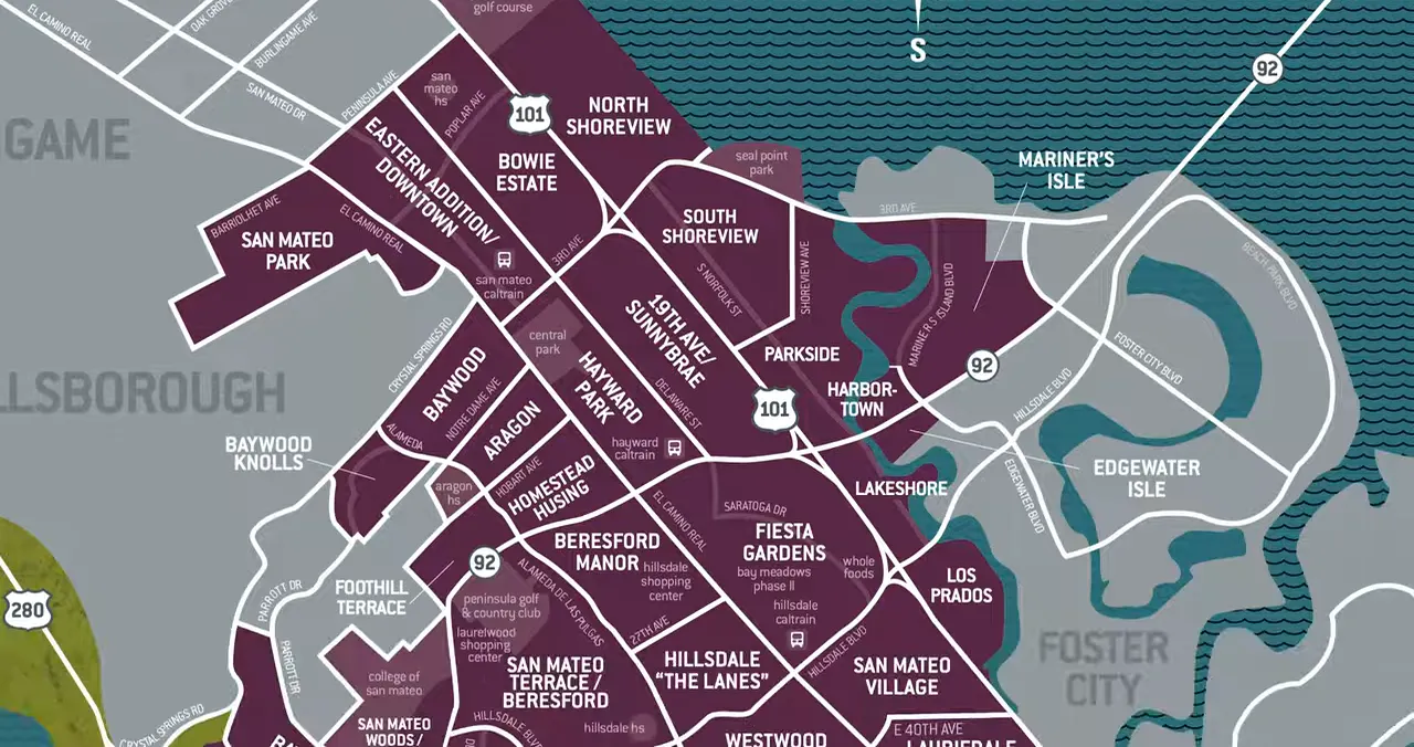 illustrated map showing San Mateo neighborhoods
