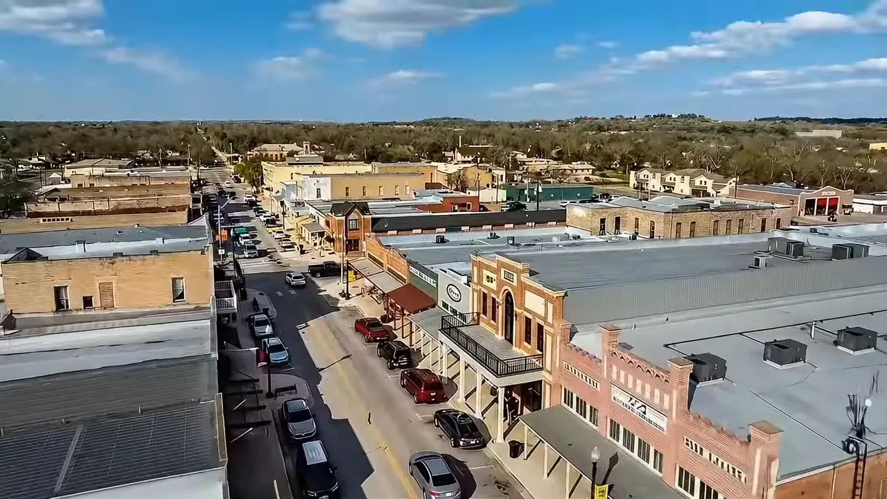Aerial view of historic downtown Bastrop storefronts