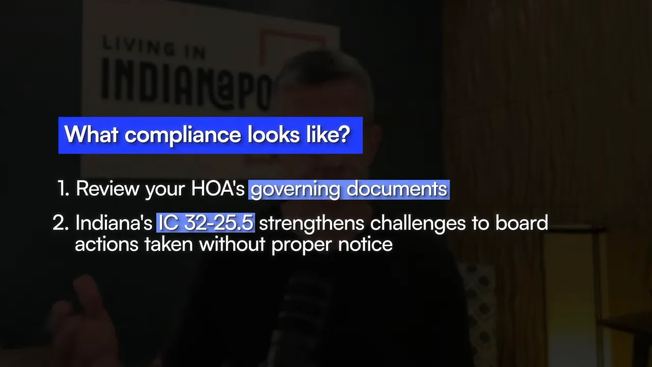 Slide listing HOA compliance steps including reviewing governing documents and challenging improper board actions