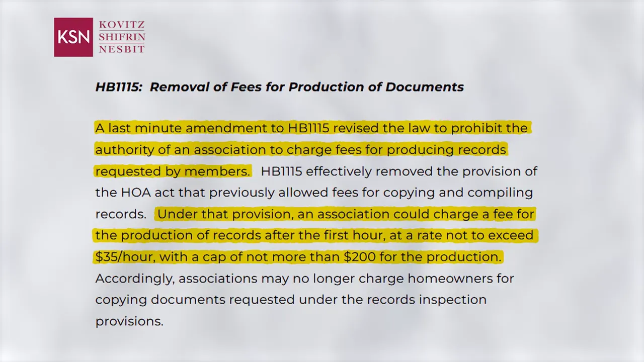 Document highlighting removal of HOA document production fees