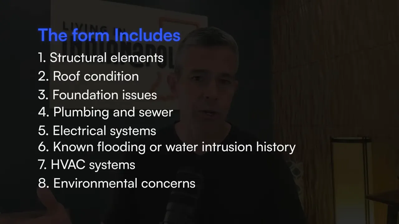 Slide listing seller disclosure topics including structure roof foundation plumbing electrical flooding HVAC and environmental concerns