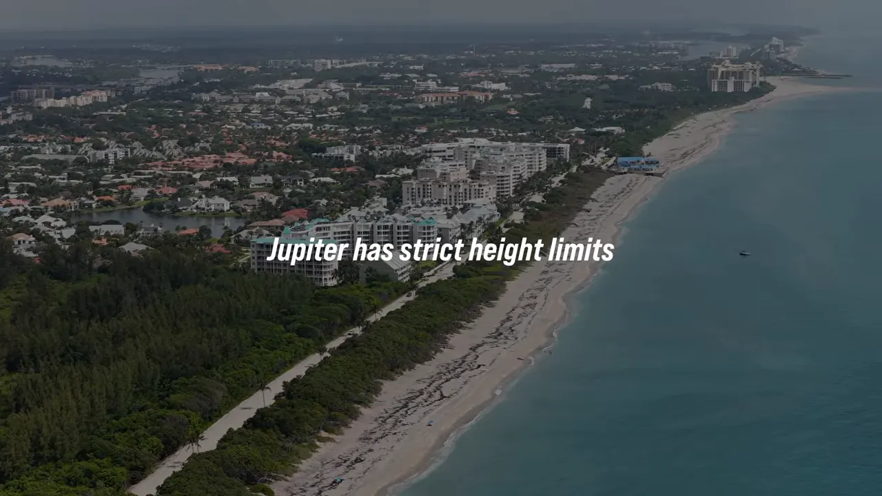 Aerial view of Jupiter coastline with text noting strict height limits