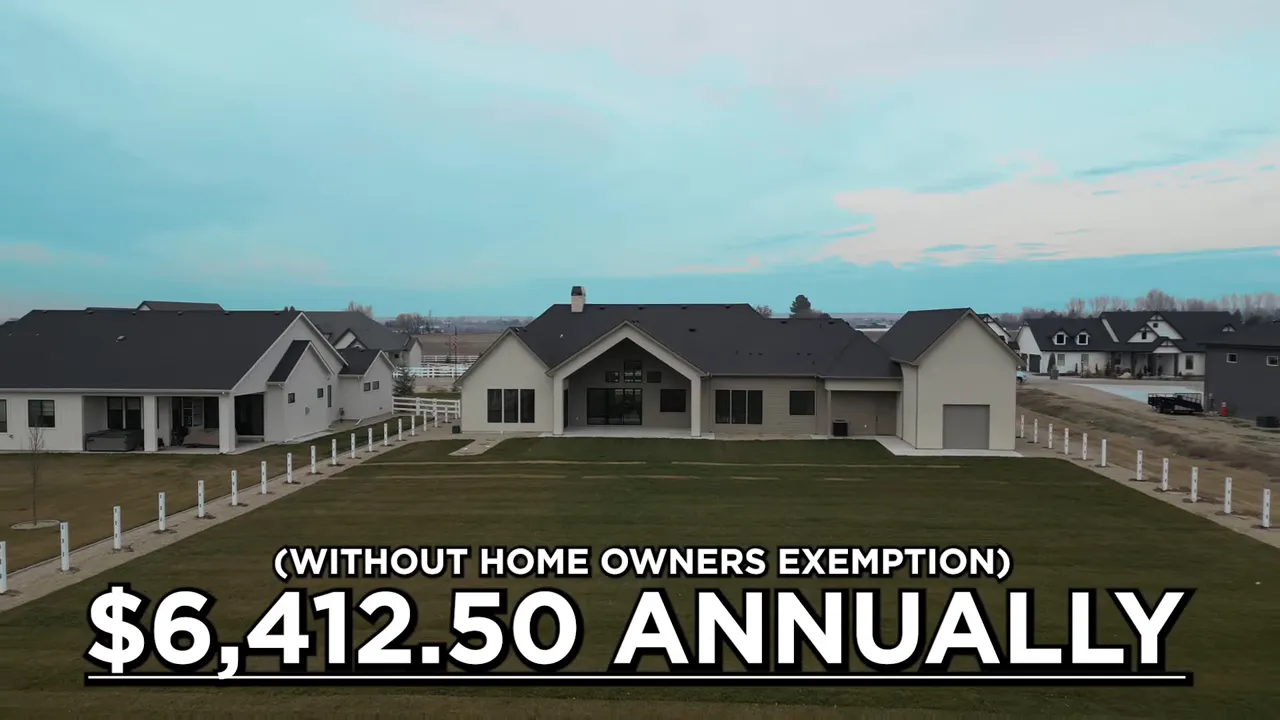Aerial view of Middleton, Idaho neighborhood with annual property tax without homestead exemption text on screen