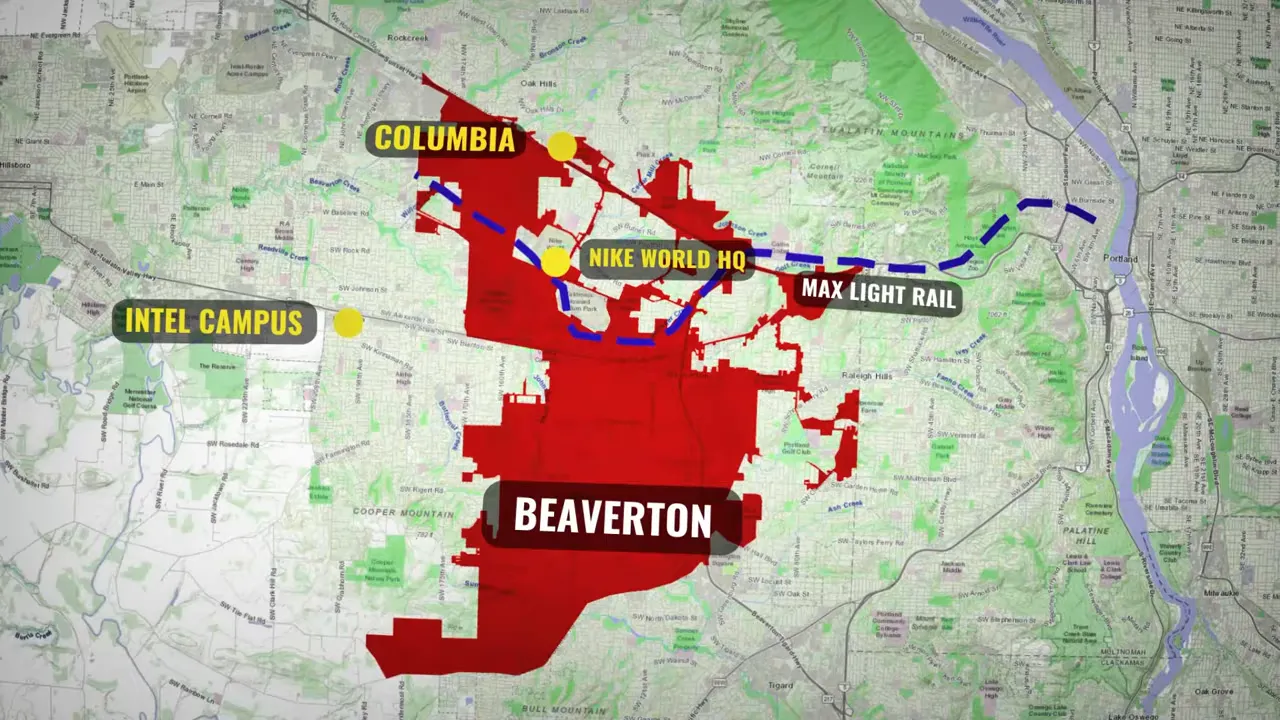 Map of Beaverton showing Nike headquarters Intel campus Columbia and MAX light rail