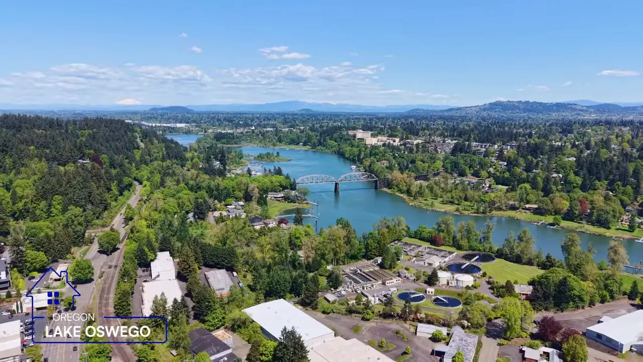 Aerial view of Lake Oswego waterfront neighborhoods and surrounding green hills