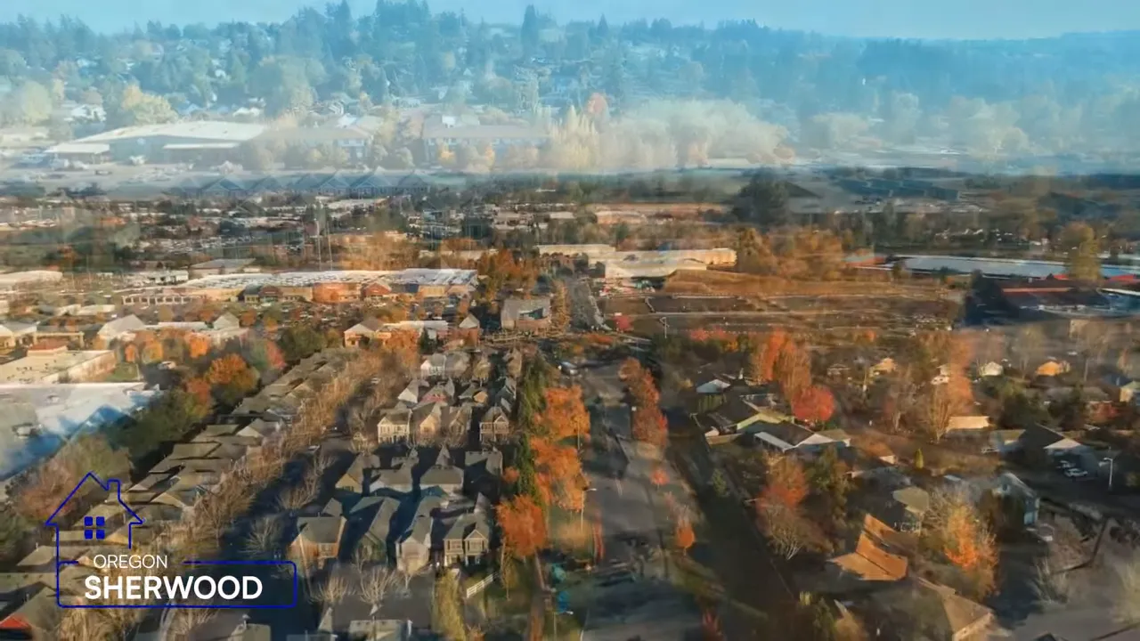 Aerial view of Sherwood neighborhoods with autumn trees and downtown streets