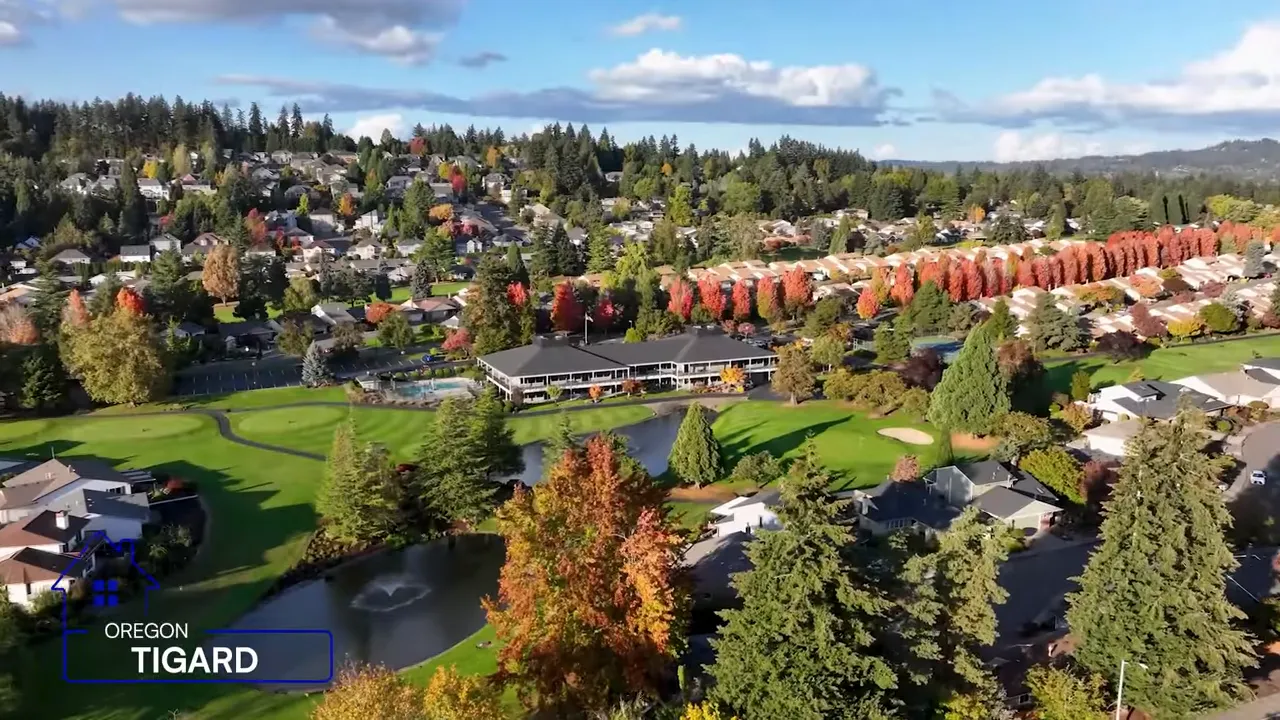 Aerial view of Tigard homes park space and tree lined neighborhoods