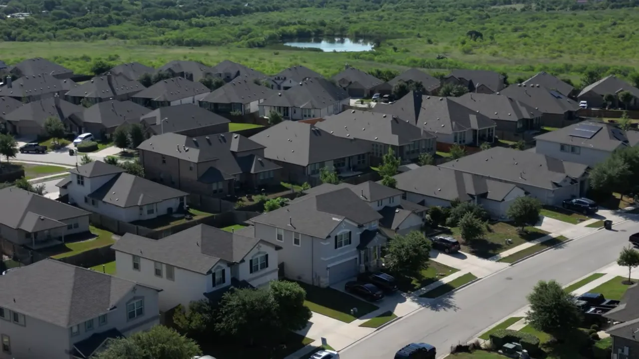 Aerial neighborhood view with green text showing 396490