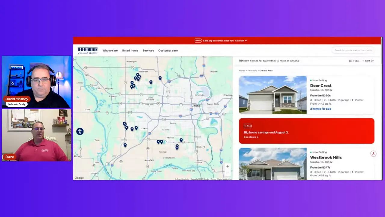 Map of Omaha area communities with home listing cards