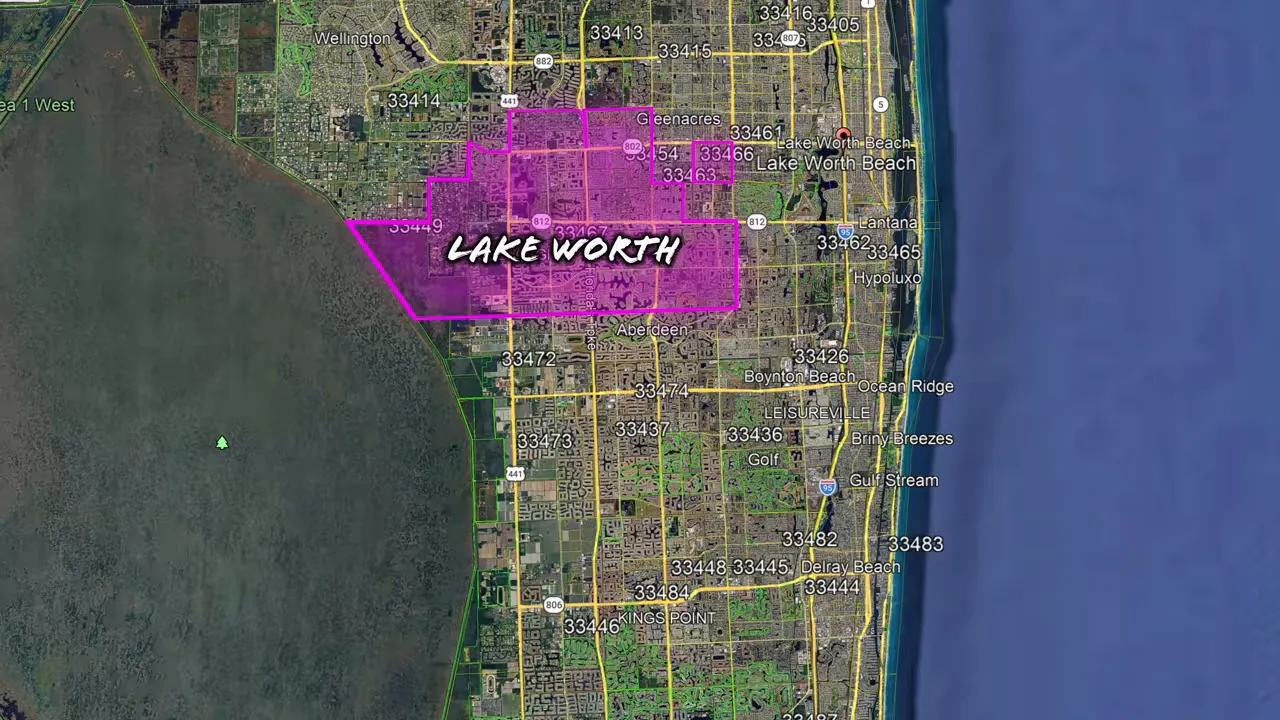Annotated map of West Lake Worth highlighted in purple with surrounding city labels including Wellington and Boynton Beach