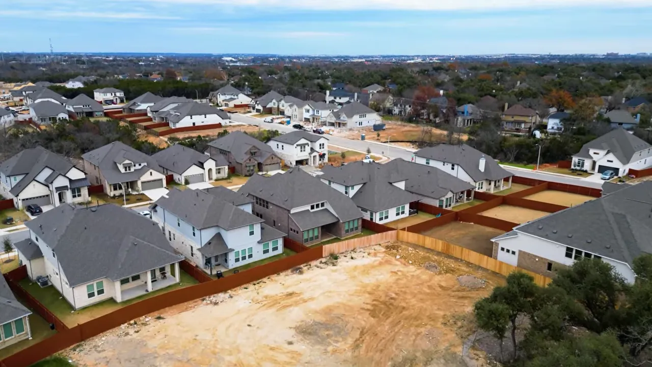 Aerial view of Salls Ranch neighborhood showing closely spaced homes and smaller lot layout
