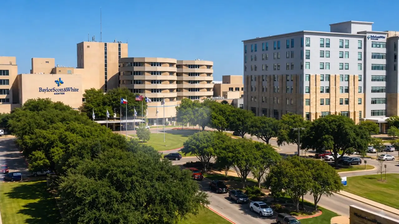 Aerial view of a large modern medical campus in Temple
