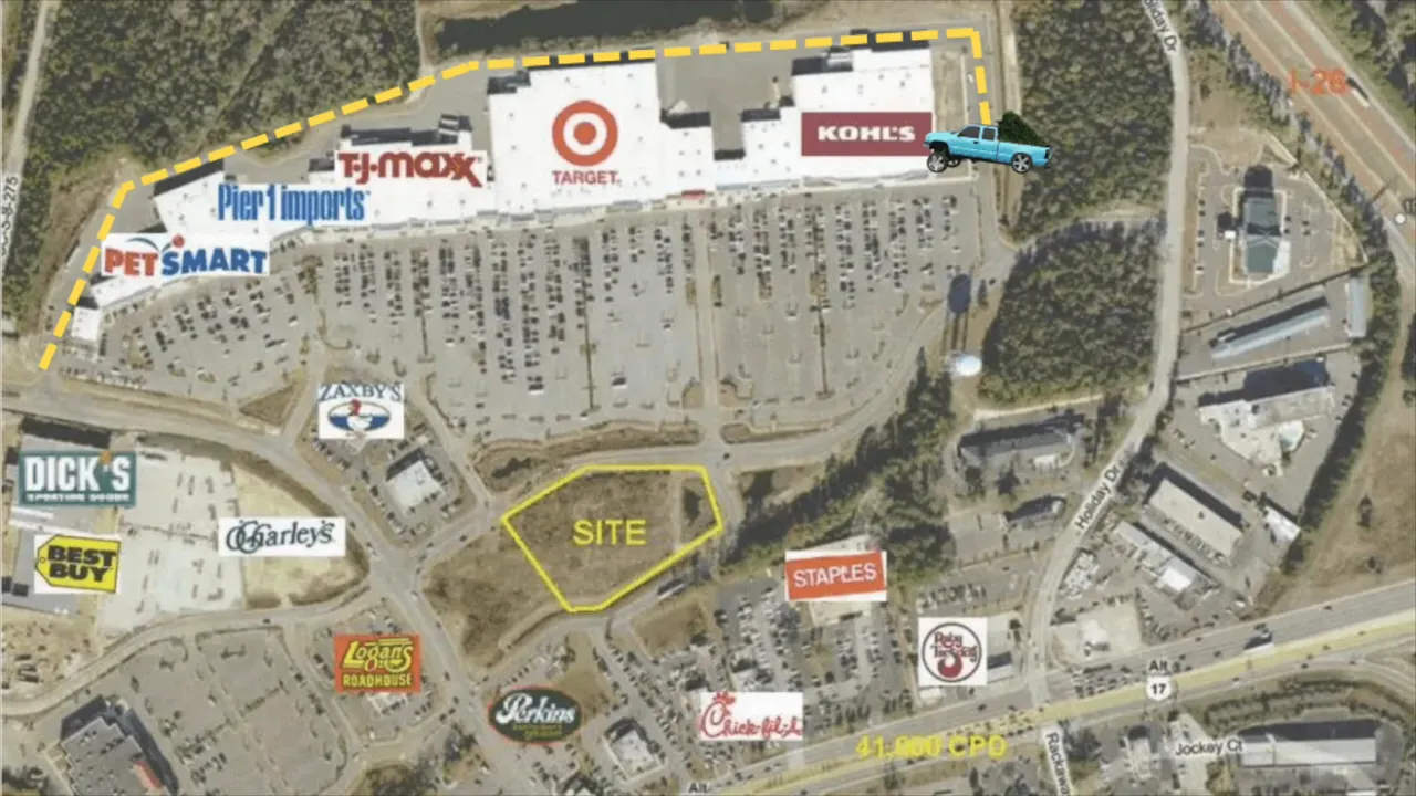 Aerial view with highlighted retail development area labeled site in Summerville SC