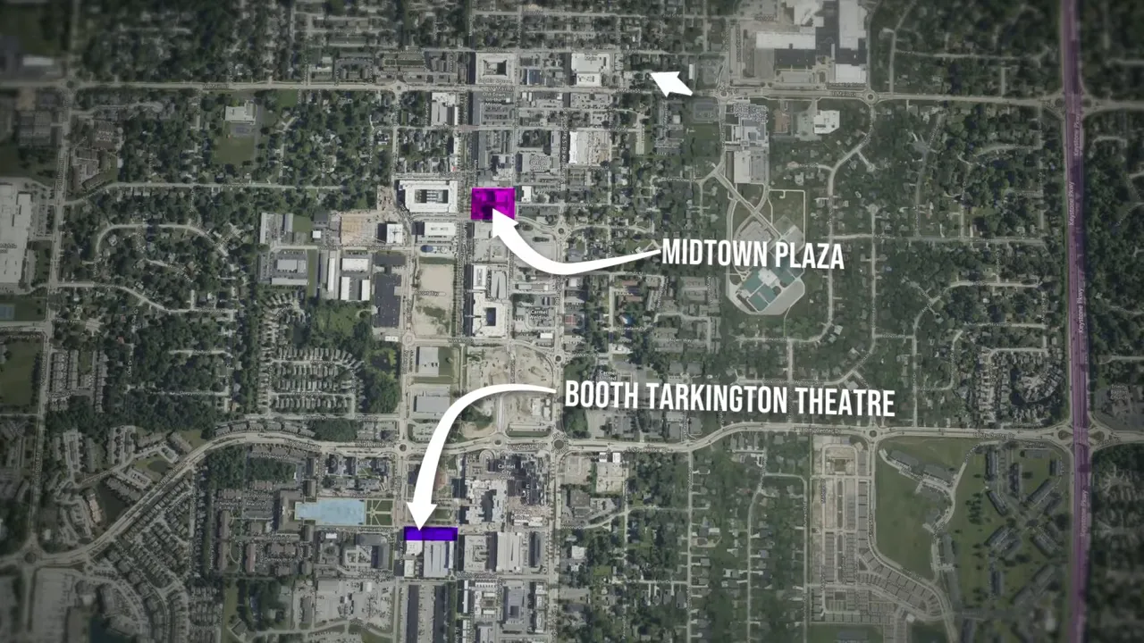 Aerial map view of Carmel, Indiana highlighting Midtown Plaza and Booth Tarkington Theatre