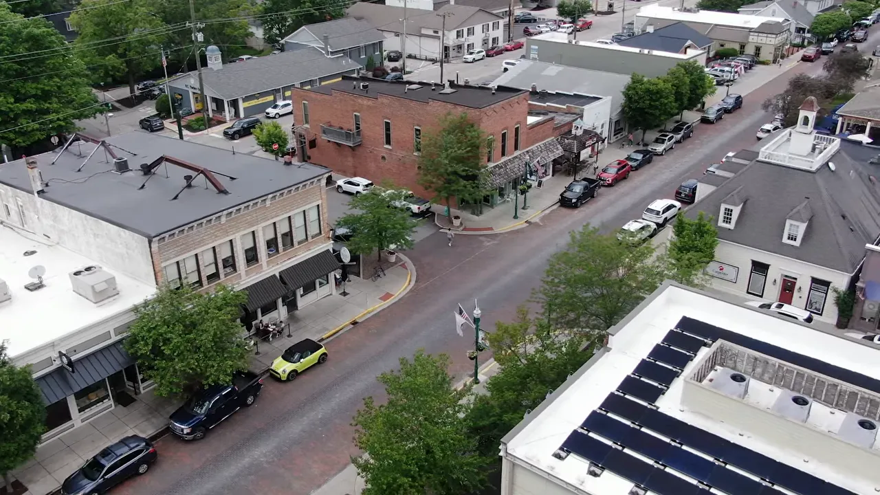 Aerial view of storefront street and intersection in Zionsville, Indiana