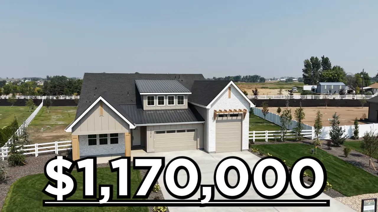 Aerial exterior view of the home with price displayed on screen