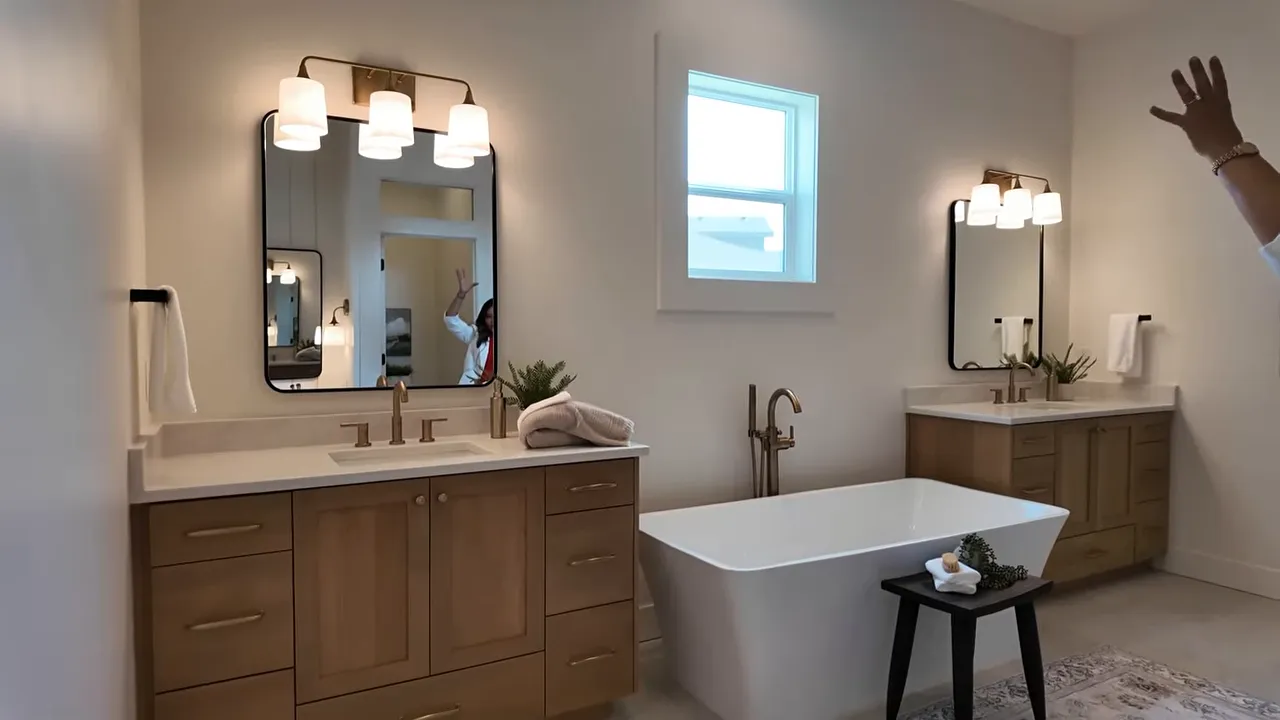 Primary bathroom with two wood vanities freestanding tub and lighting