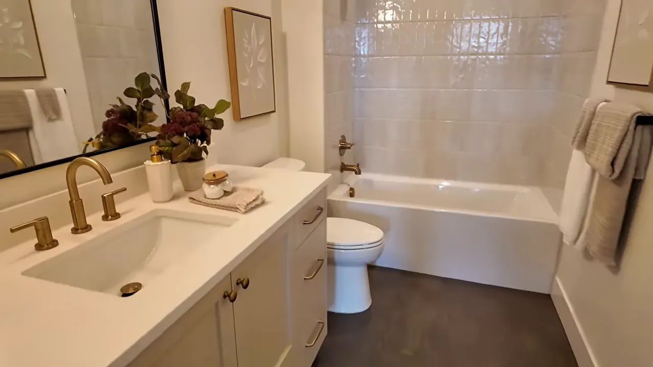Secondary bathroom with long vanity bathtub and tiled shower wall