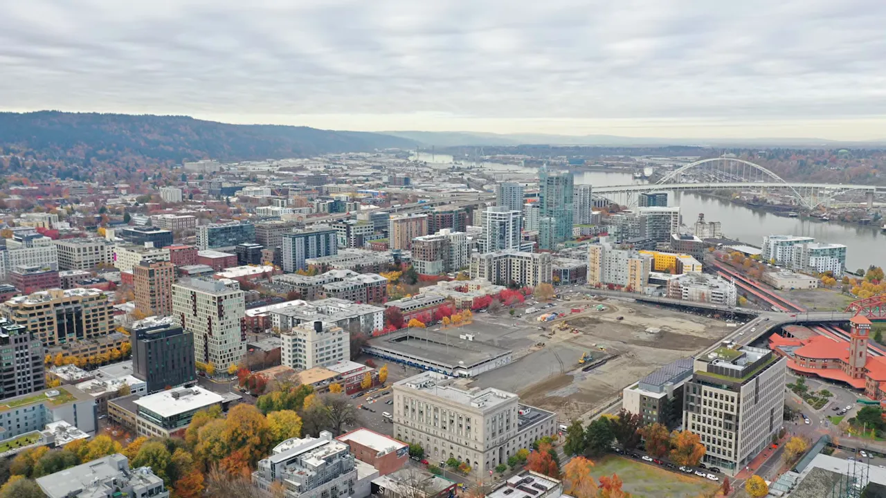 Aerial view of Portland's Broadway Corridor redevelopment area