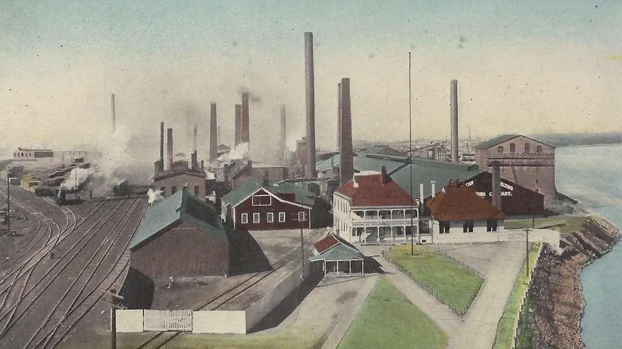 Historic aerial view of Omaha industrial facilities associated with lead contamination
