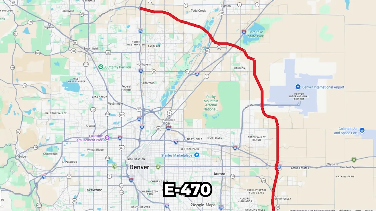 Map showing E-470 route near Denver and Denver International Airport with highlighted path